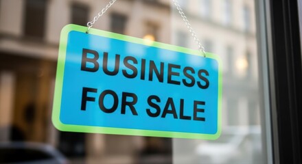 Blue Business For Sale Sign Hanging in Store Window Reflects Potential Change and Opportunity for Entrepreneurship