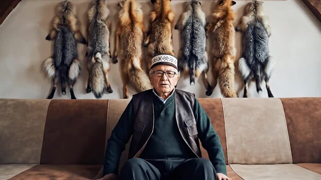 Elderly man with fur pelts hanging on the wall behind him as a traditional decoration