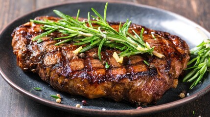 Grilled steak on a plate with herbs on top served in a restaurant setting