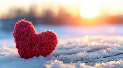 Fototapeta premium Red heart shape on snow with sunset in the background during winter