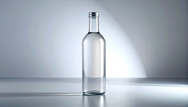 A clear glass bottle stands upright on a table indoors.