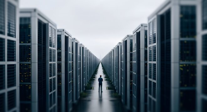 Lone business professional walking through a vast server farm, symbolizing data management, cloud computing, and the scale of modern digital infrastructure in a high-tech environment.