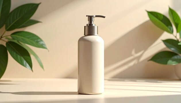 A matte plastic pump bottle sits on a table beside green plants in a room.