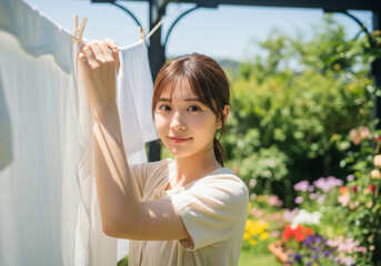 晴れ渡る庭先で白い洗濯物を干しながら微笑みを浮かべる女性