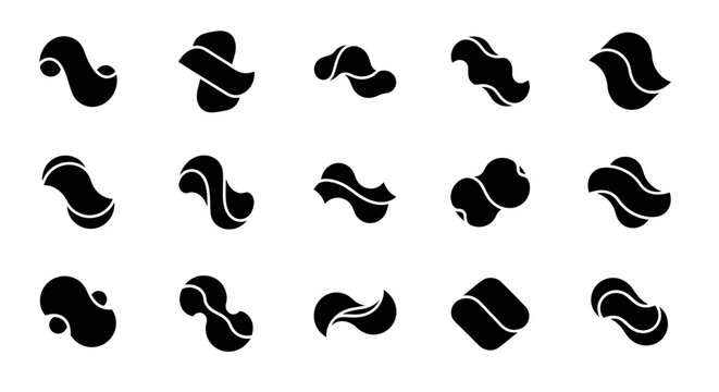 Abstract organic black shapes on white, fluid modern graphic design elements