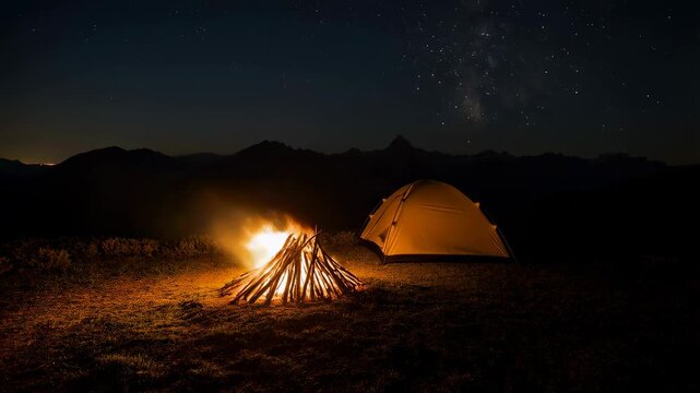 Campfire glowing beside a tent under a starry night sky. Ideal for outdoor adventures, camping experiences, and creating memorable moments in nature