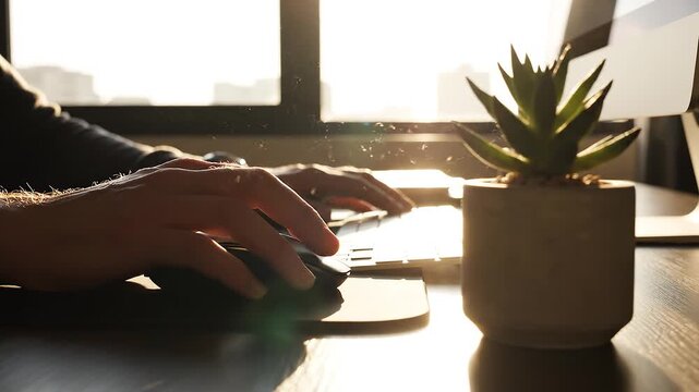 Person typing on computer at desk.