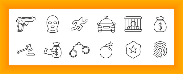 Crime set icon. Gun, thief mask, handcuffs, police car, prisoner, bomb, gavel, fingerprint, badge, stolen money, escape silhouette, and security enforcement. © Anastasia