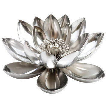 Flor de l&oacute;tus de metal l&iacute;quido cromado surreal. PNG fundo transparente