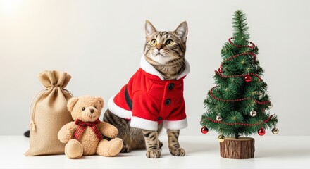 Fototapeta premium Festive tabby cat in red Santa coat poses with teddy bear and miniature Christmas tree, ready for holiday season