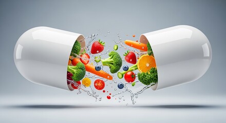 Nutritional supplements concept White vitamin capsule surrounded by colorful fruits and vegetables.
