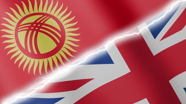 Two waving flags Kyrgyzstan and United Kingdom with diagonal lightning seamless, 4k loop