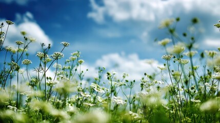 Field of delicate white wildflowers blooms vibrantly beneath a bright summer sky.