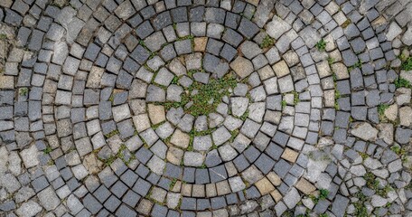 The cobblestone circular pavement pattern with weathered stones and green moss