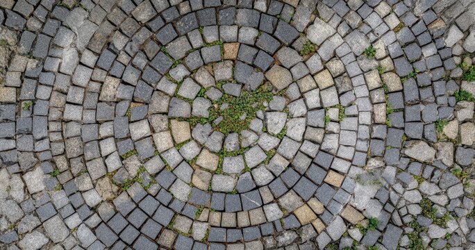 The cobblestone circular pavement pattern with weathered stones and green moss