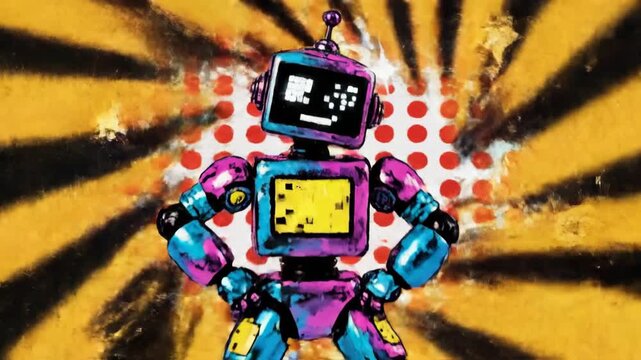 Retro robot with pixelated face and body displays on a yellow and black striped background