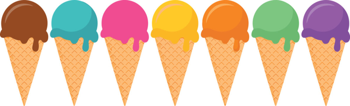 Colorful ice cream scoops in waffle cones sweet summer dessert flat vector illustration set