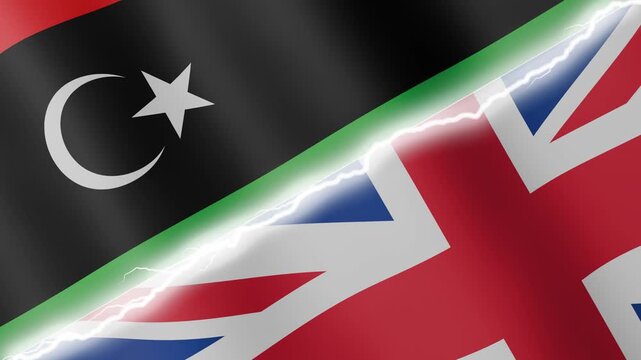 Two waving flags Libya and United Kingdom with diagonal lightning seamless, 4k loop