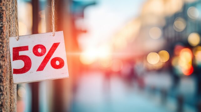 Sign showing five percent discount in a busy street during golden hour