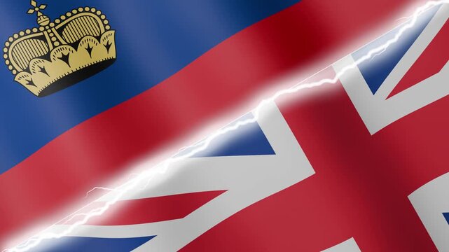 Two waving flags Liechtenstein and United Kingdom with diagonal lightning seamless, 4k loop