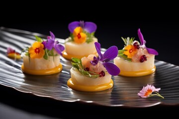 Elegant gourmet appetizers featuring scallops, microgreens, and edible flowers on a dark plate