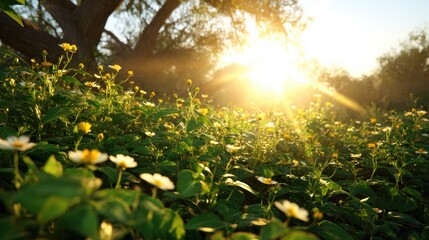 Obraz premium Sunlight shines through flowers in a garden at sunset