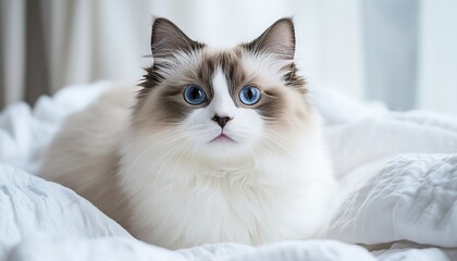 Obraz premium Elegant Ragdoll Cat with Vibrant Blue Eyes Sitting Gracefully on a Cozy Blanket Indoors