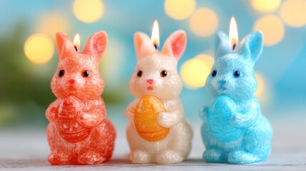 Colorful bunny candles with lit wicks placed on a surface near soft lights