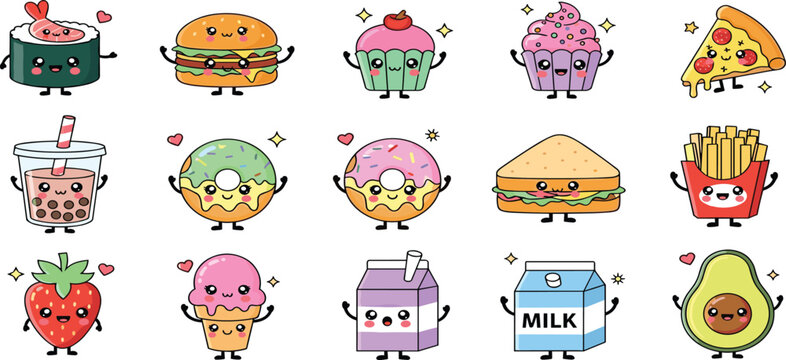Kawaii Fast Food and Dessert Characters Set with Burger Donut Milk Avocado Fries and Bubble Tea Cute Cartoon Vector Collection