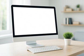 Fototapeta premium Modern desktop computer with blank white screen on wooden desk in bright office interior with plant and shelves in background for copy space.
