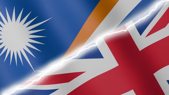 Two waving flags Marshall Islands and United Kingdom with diagonal lightning seamless, 4k loop