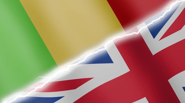 Two waving flags Mali and United Kingdom with diagonal lightning seamless, 4k loop