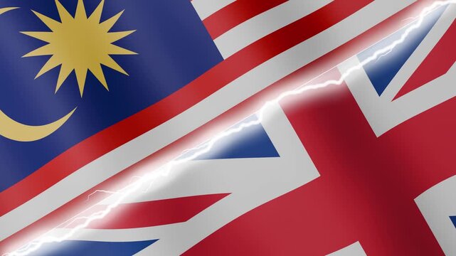 Two waving flags Malaysia and United Kingdom with diagonal lightning seamless, 4k loop