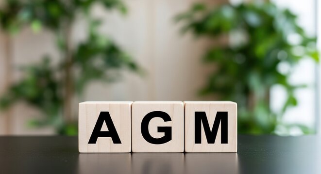 Wooden blocks spelling AGM on modern office desk with green plants