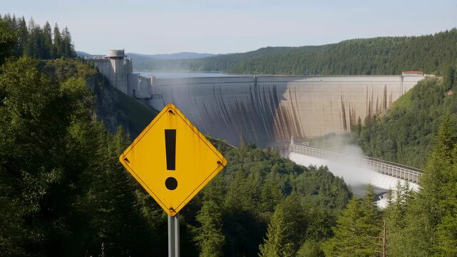 Scenic view of a large dam with a warning sign in the foreground. Represents the importance of safety and awareness in natural resource management