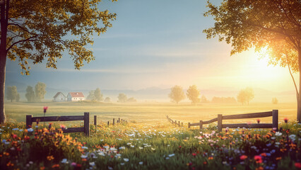 黄金色の朝焼けに照らされたのどかな田園風景、満開の野花と木製の柵が続く草原の先に佇む白い家々を描いた幻想的で美しい自然の背景