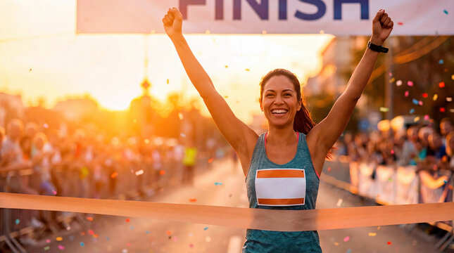 Happy female runner crossing finish line at sunset. Winner celebrating victory in marathon