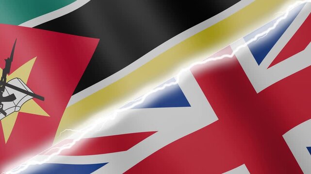 Two waving flags Mozambique and United Kingdom with diagonal lightning seamless, 4k loop