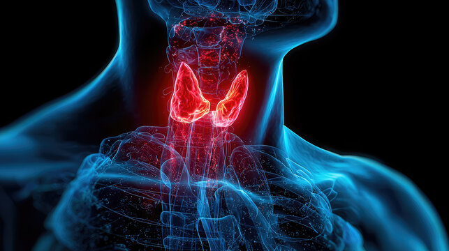 Anatomically accurate red 3D image of the thyroid gland inside the throat of a transparent blue hologram of the human body on a black background, X-ray, endocrinology, larynx