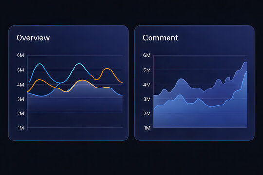 Dark themed dashboard interface with analytics charts and infographic panels, ideal for web and app UI design projects