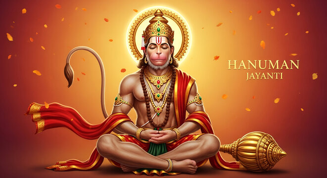 Hanuman Jayanti hindu god meditation pose with golden mace and radiant halo spiritual illustration for festival greeting banner and devotional design