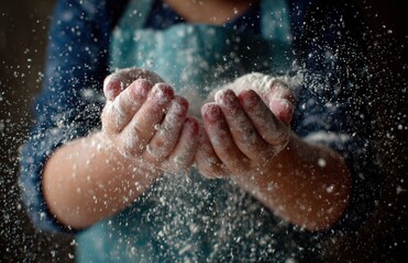 Fototapeta premium Closeup of child hands clapping flour dust in kitchen