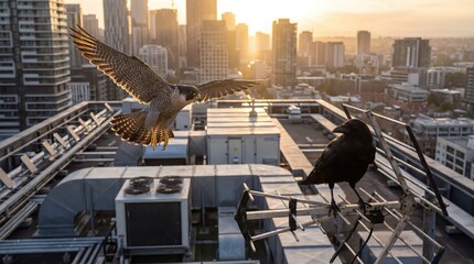 Urban Peregrine Falcon and Crow Encounter on City Rooftop at Sunset

