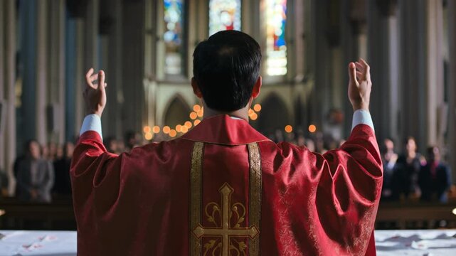 Catholic priest celebrating mass with raised hands at altar inside church during religious service.