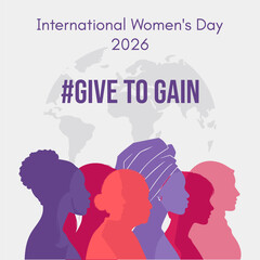 Obraz premium International Womens Day 2026 banner social media post. Hashtag give to gain. Female silhouettes with world map.