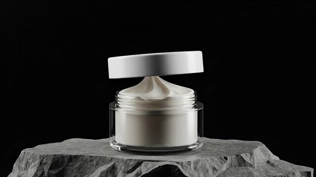 A jar of cosmetic cream or moisturizer product sample on a textured gray surface with a black background