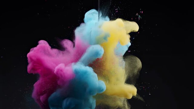 Hanging light bulb exploding into colorful powder cloud on black background. Creative energy concept symbolizing inspiration, innovation, and artistic idea burst