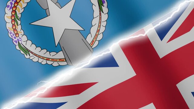 Two waving flags Northern Mariana Islands and United Kingdom with diagonal lightning seamless, 4k loop