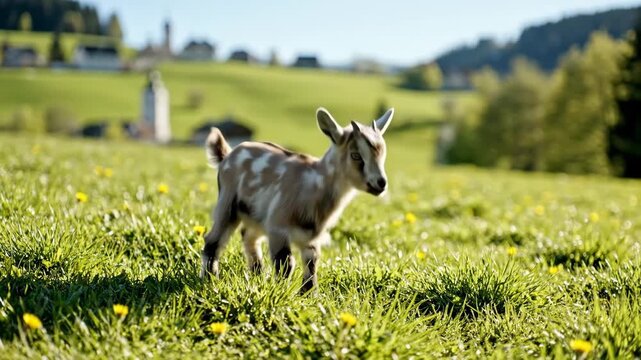 Baby goat leaping in an alpine meadow. Young kid jumping in a grassy field with a village background. Rural nature concept