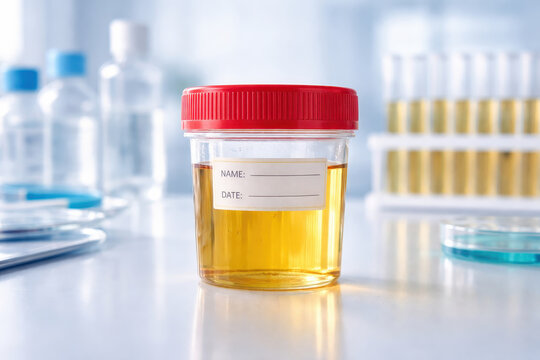 Urine sample medical test nephrology laboratory diagnosis healthcare sterile container clinical analysis medical concept red lid laboratory jar with label on white table in bright clinic